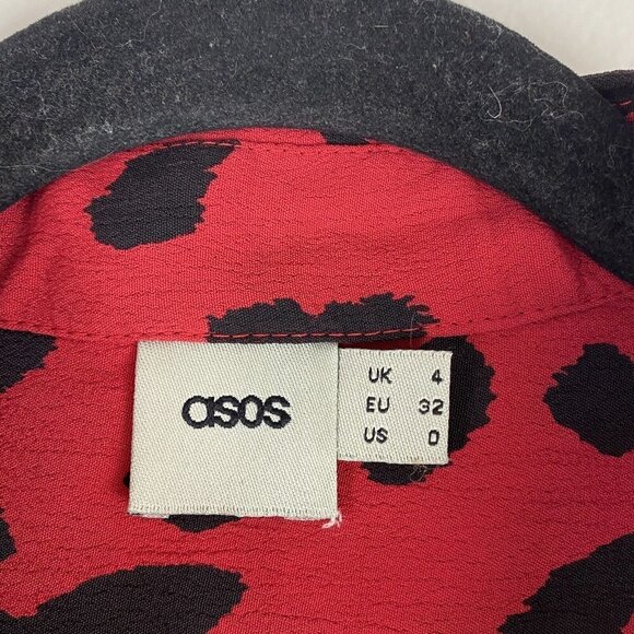 Asos Women's Leopard Print Button Up Top Size 0 Red Black Collared Blouse - Picture 2 of 9